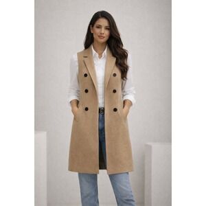 Rachel Zoe Long Knit Vest Womens Small Tan Double Breasted Sleeveless Cardigan